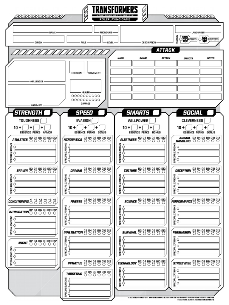 Transformers Character Sheet (Fillable) | PDF