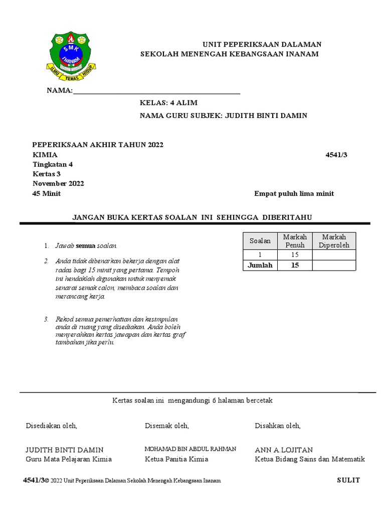 Muka Depan Kimia Kertas 3 Pat22 | PDF