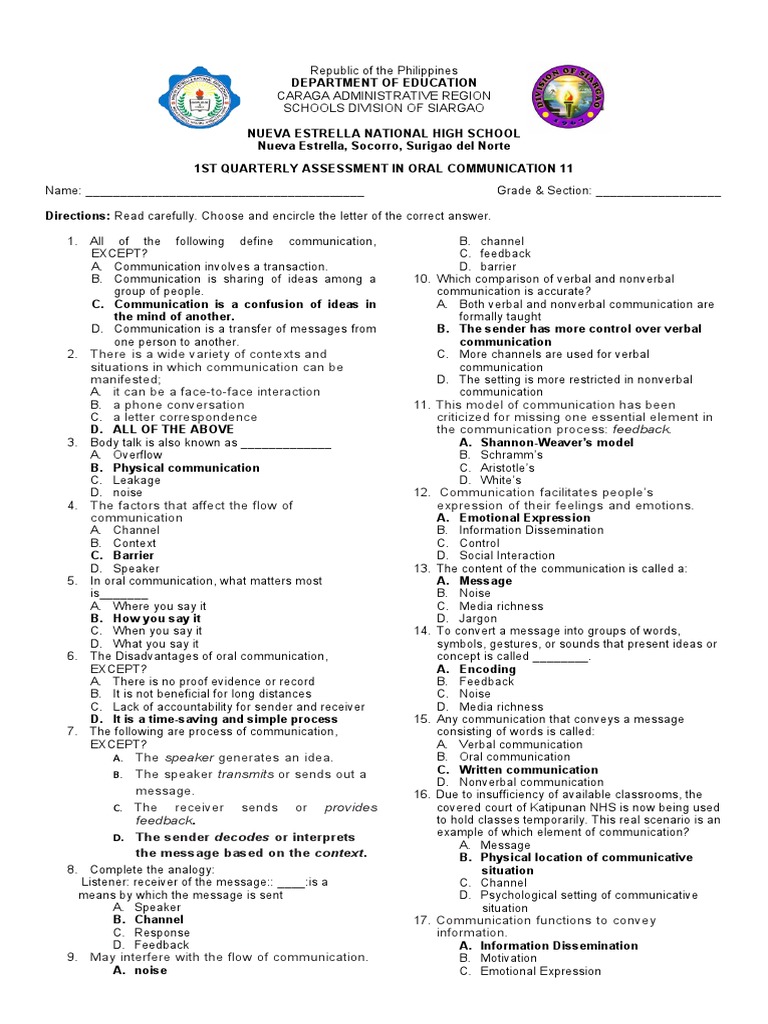 Oral Communication Assessment Guide | PDF | Communication | Nonverbal ...