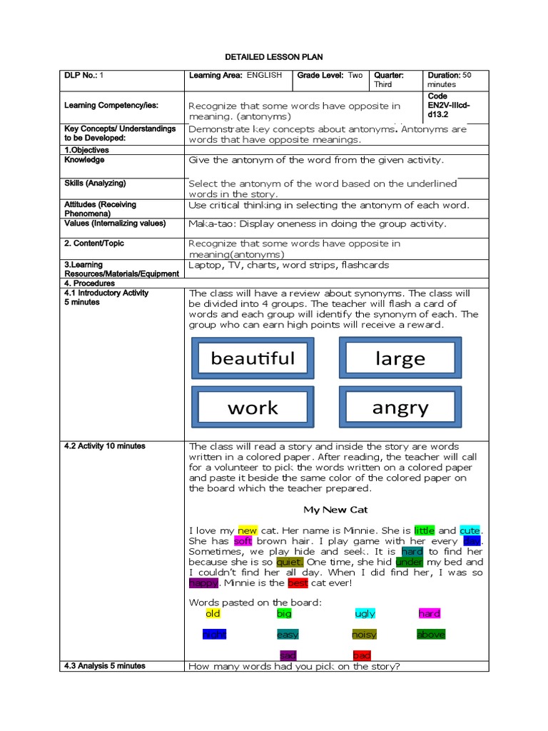 Antonyms Lesson Plan for Grade 2 | PDF | Education Theory | Communication