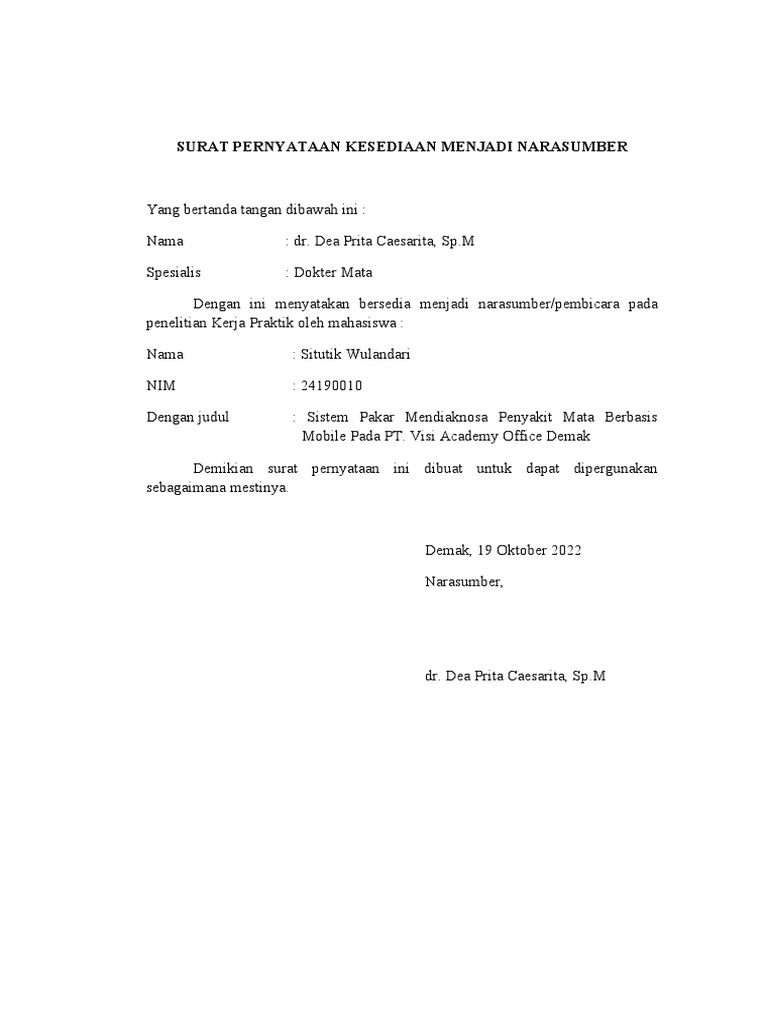 Surat Kesediaan Narasumber Dr. Dea Prita | PDF