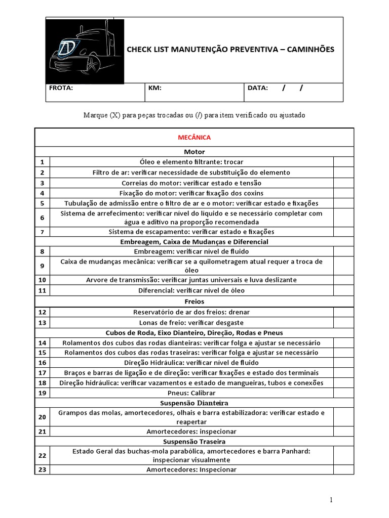 Check List Manutenção Preventiva - Caminhoes - TD OFICIAL | PDF ...