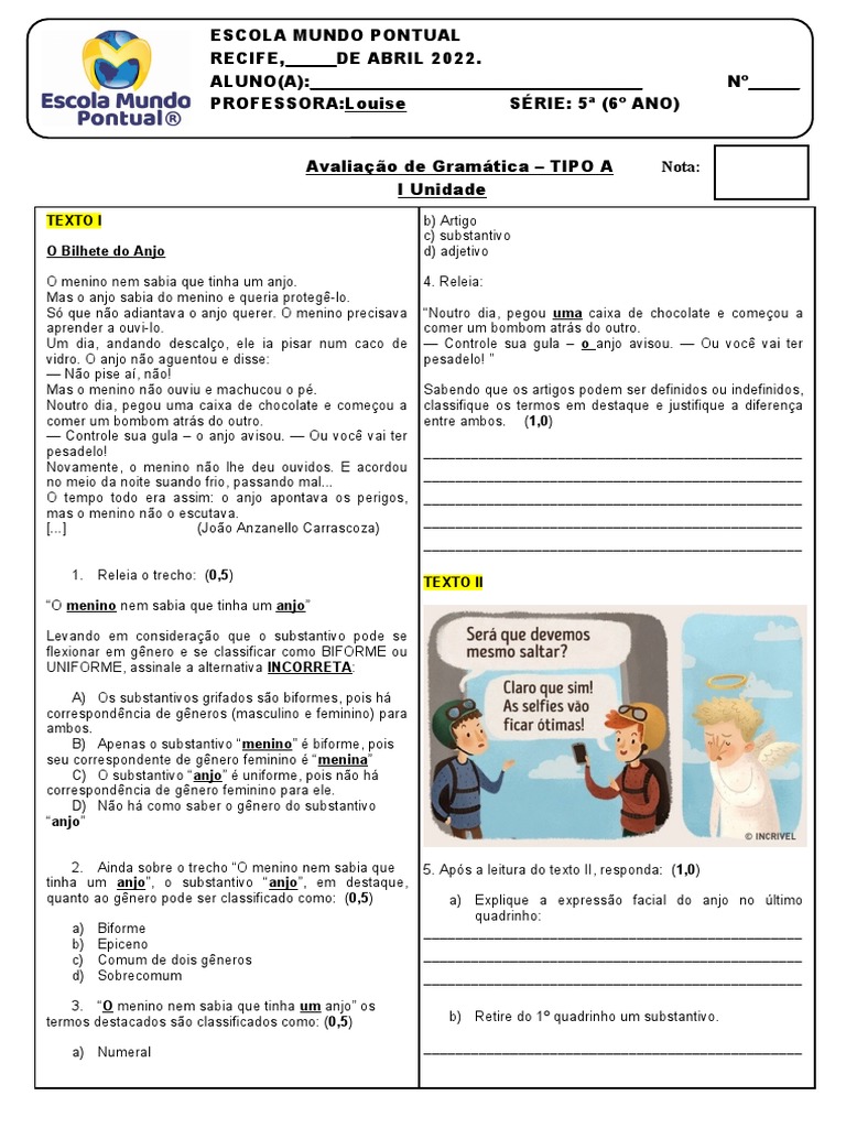 Avaliação Gramática 6 ANO | PDF | Linguística