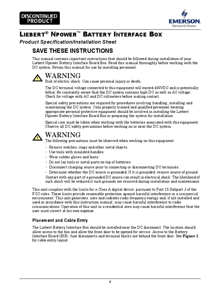Battery Interface Box Product Specification Installationsheet PDF