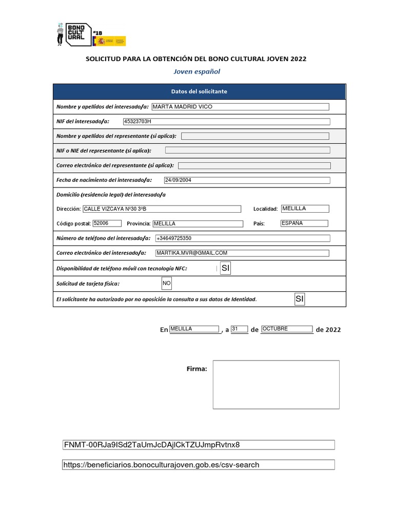 Solicitud para La Obtención Del Bono Cultural Joven 2022 PDF