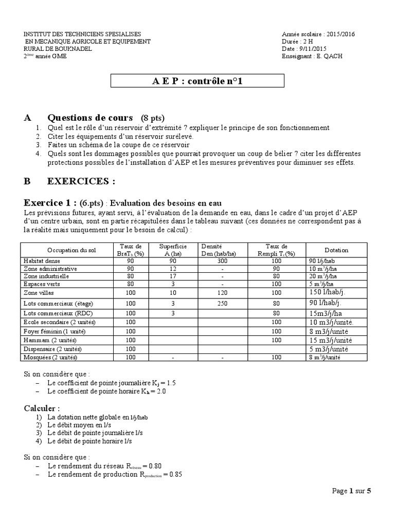 Contrôle AEP : Évaluation et Calculs | PDF | Ingénierie civile | Plomberie