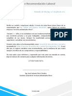 Carta de Recomendación Laboral: Atotonilco de Tula Hgo A 01 de Julio de 2022