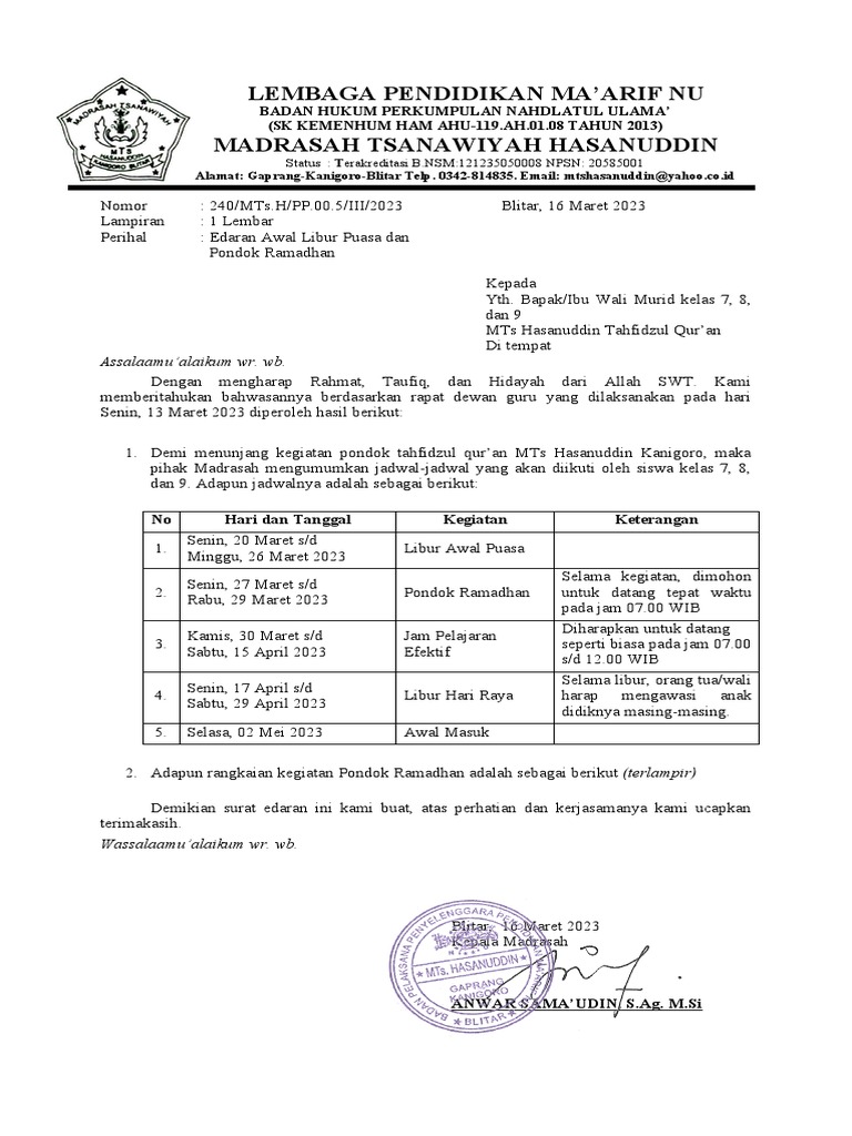 Surat Edaran Libur Puasa PDF
