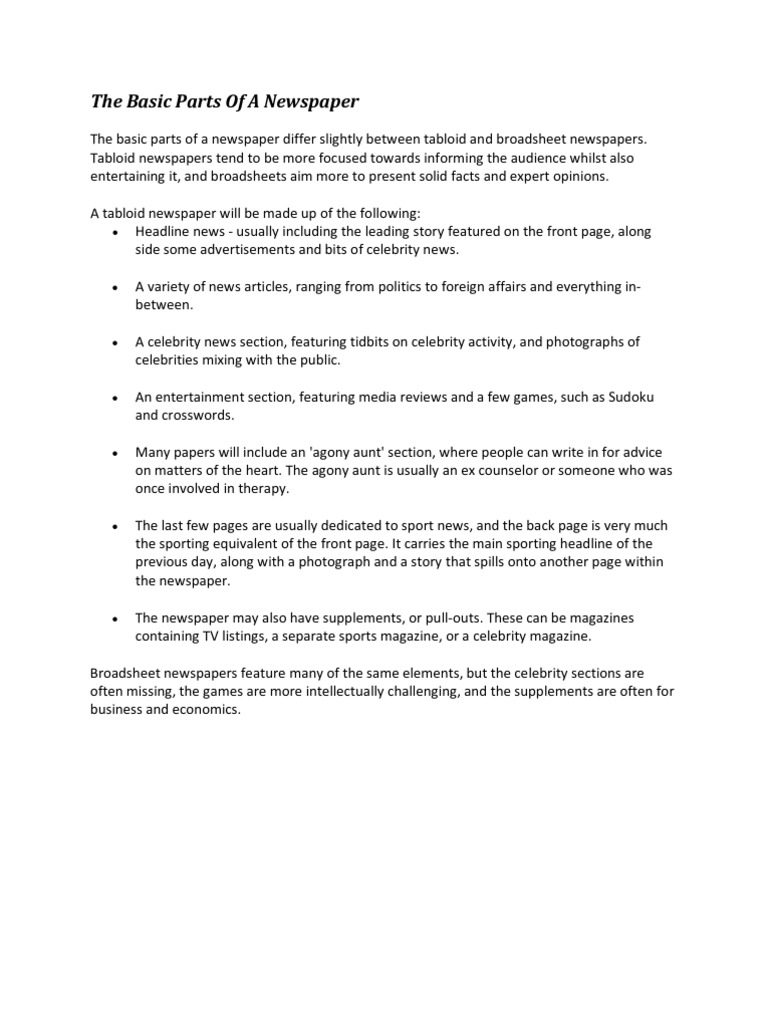 The Basic Parts Of A Newspaper PDF