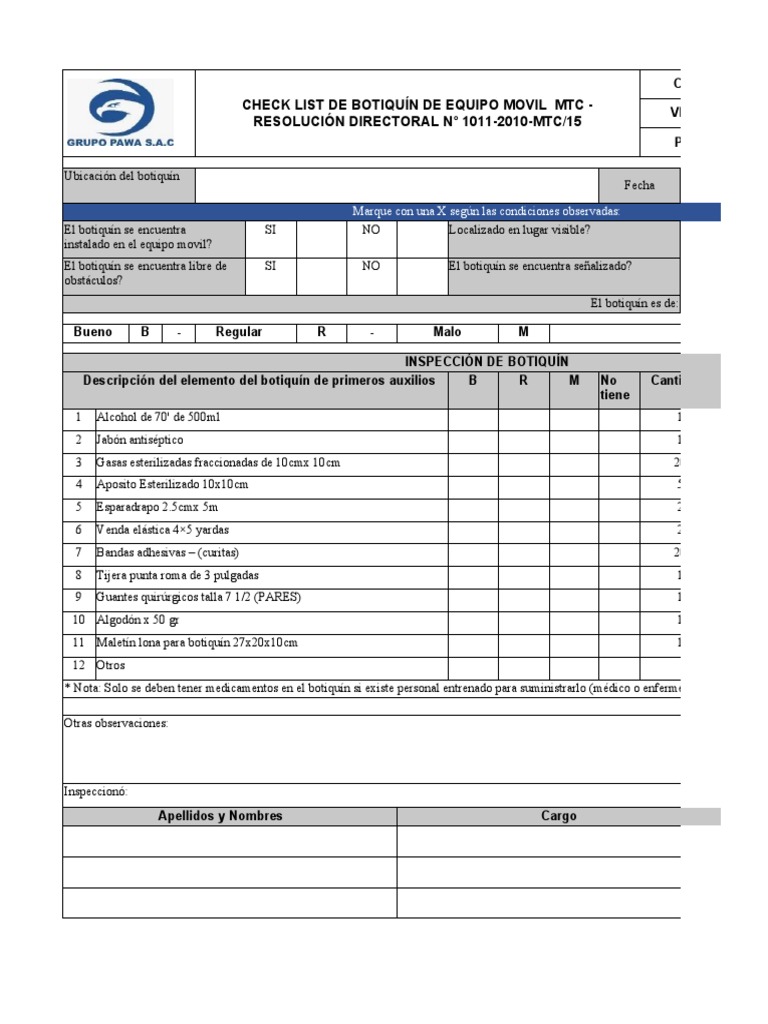 Reg GP Aa 01 002 Check List Camion | PDF | Primeros auxilios ...