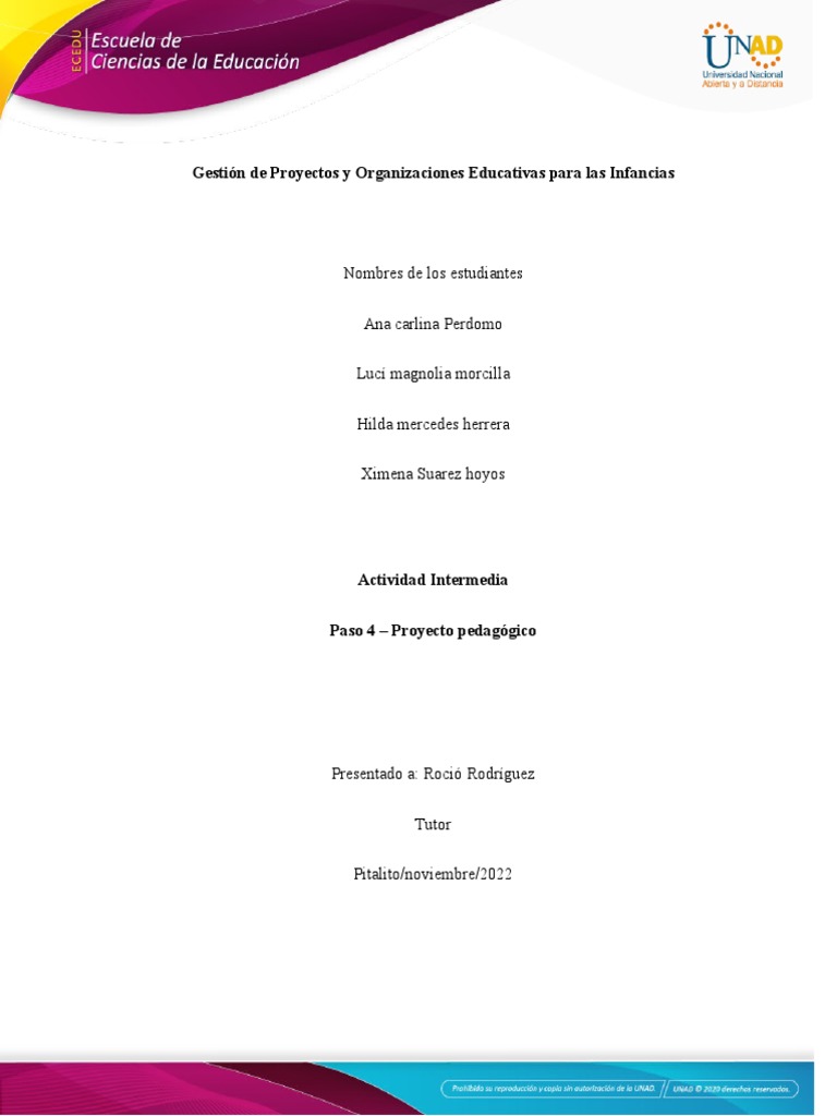 Paso 4 - Proyecto Pedagógico | PDF | Educación de la primera infancia ...