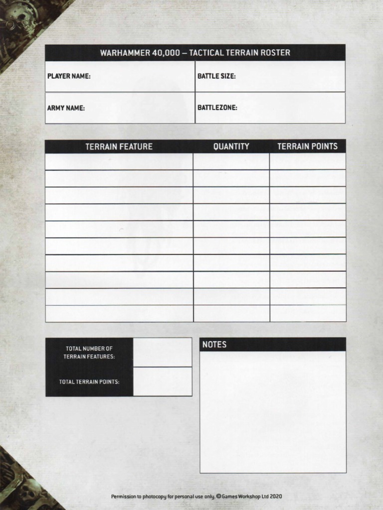 Warhammer 40K 9th Edition Blank Tactical Terrain Roster PDF