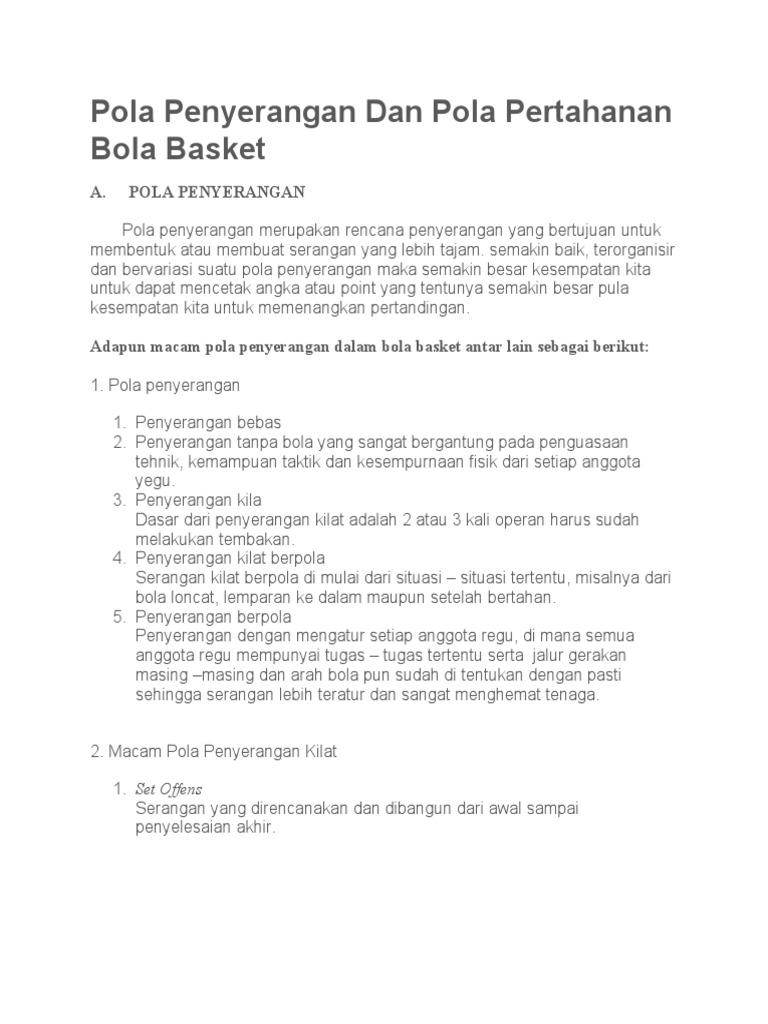 Pola Penyerangan Dan Pola Pertahanan Bola Basket kls 3 | PDF
