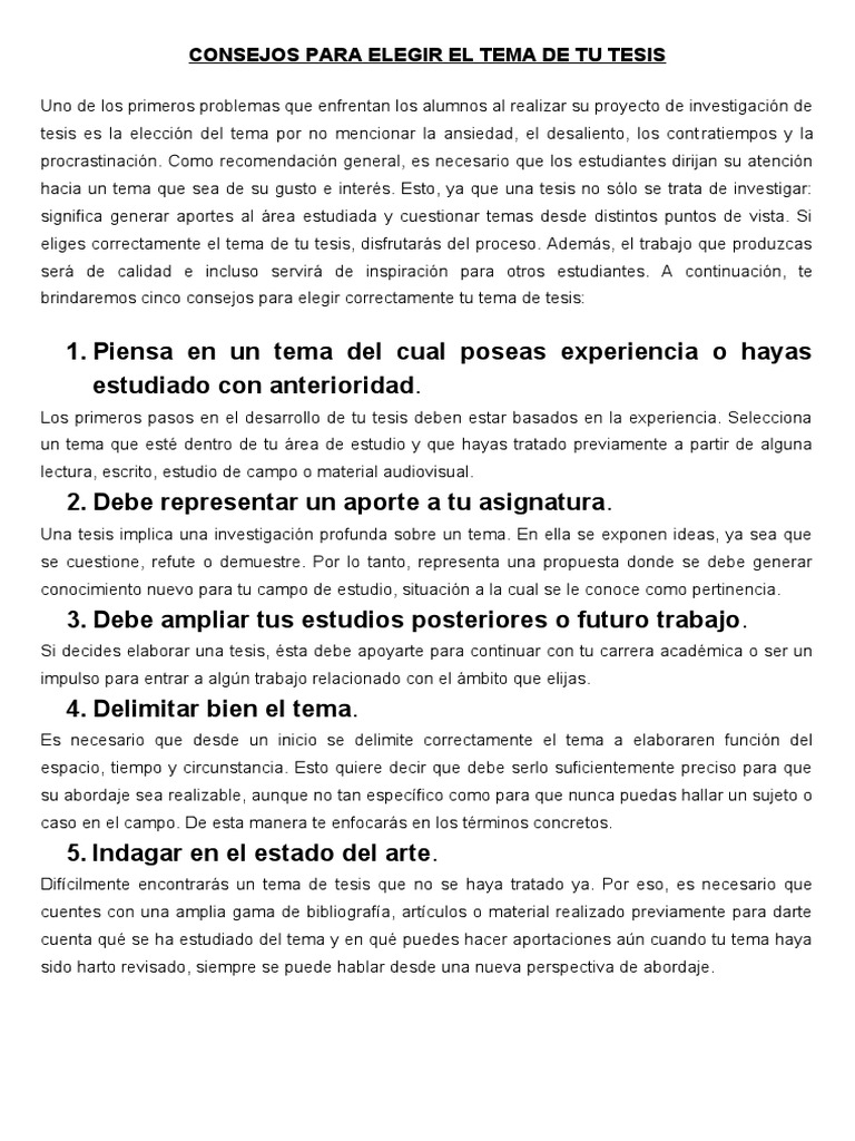 Consejos para Elegir El Tema de Tu Tesis | PDF | Experiencia | Ciencia ...