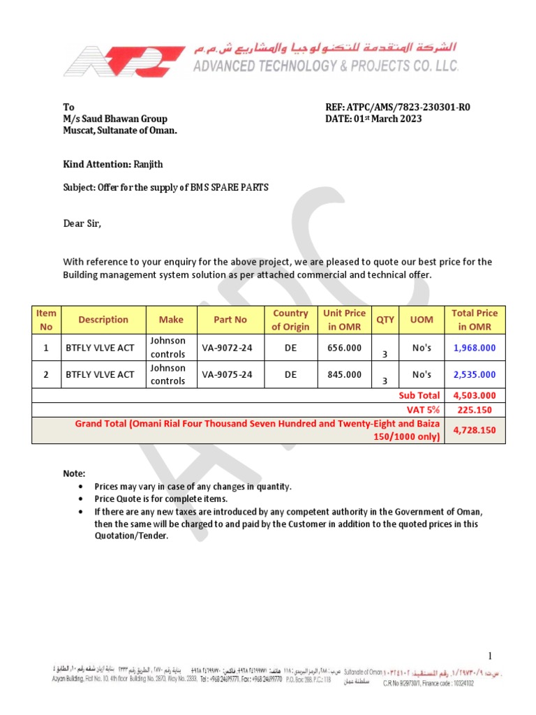 Item No Description Make Part No Country of Origin Unit Price in OMR ...