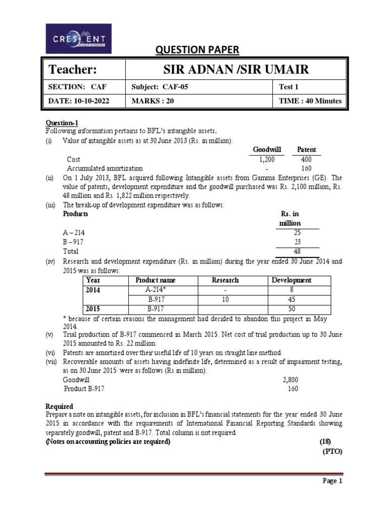 Teacher: Sir Adnan /sir Umair: Question Paper | PDF | Intangible Asset ...