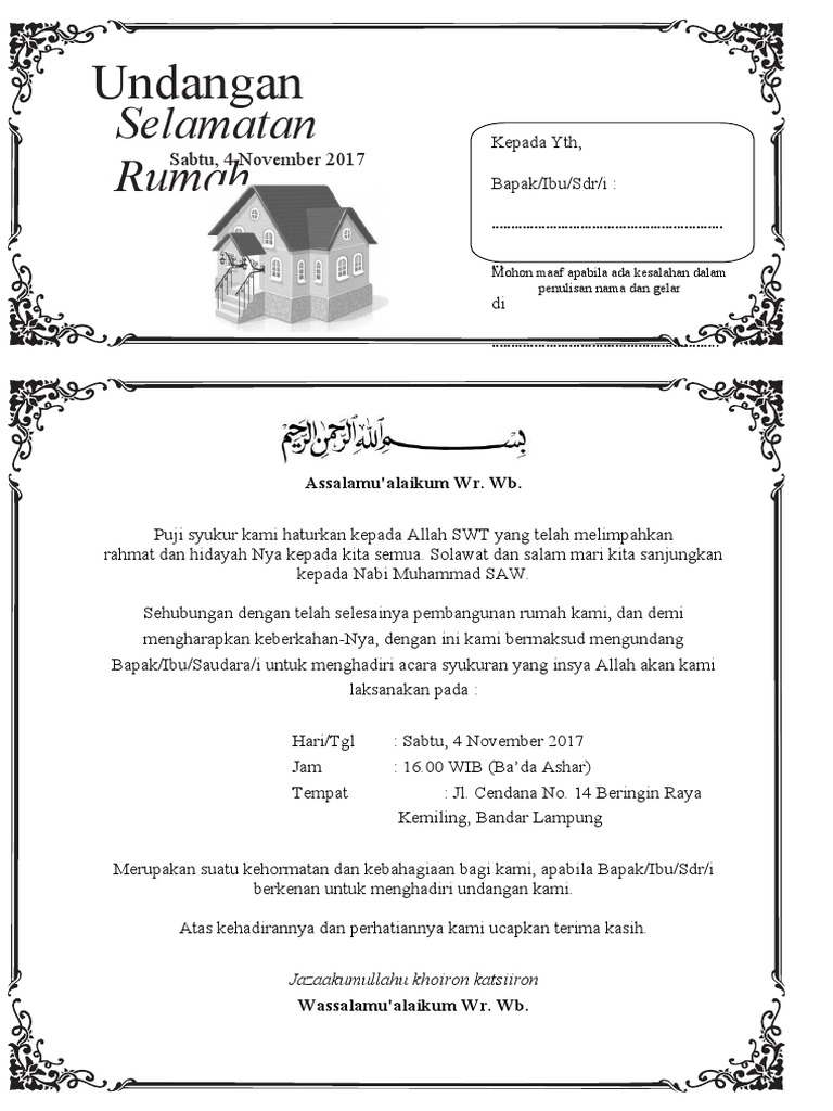 Contoh Surat Undangan Syukuran Rumah Baru | PDF