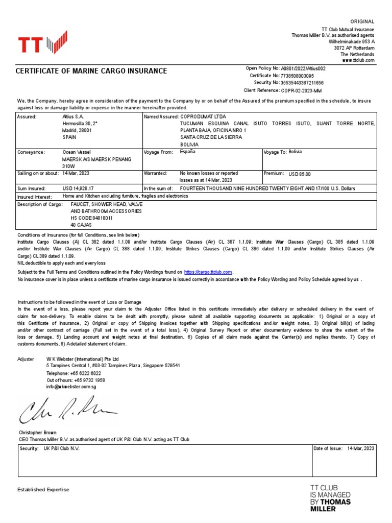 Certificate of Marine Cargo Insurance | PDF | Insurance | Deductible