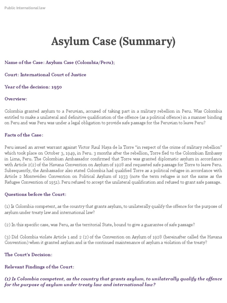 Asylum Case (Summary) Public International Law PDF Asylum Seeker