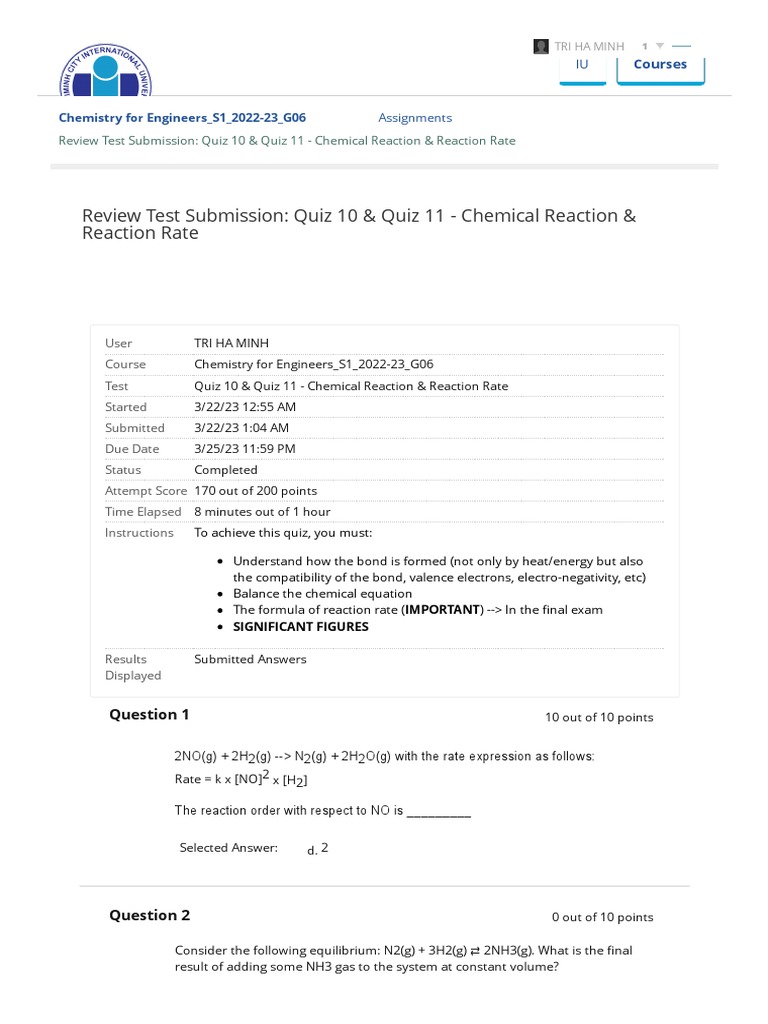 Review Test Submission: Quiz 10 & Quiz 11 - Chemical Reaction ...