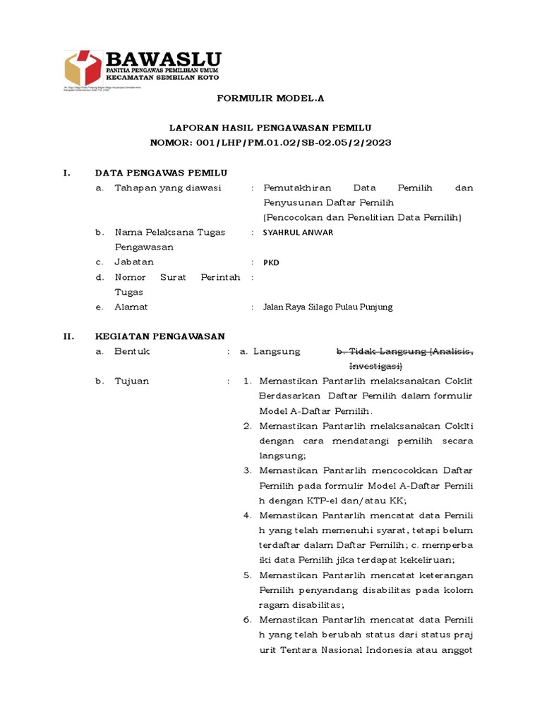 Formulir model a laporan hasil pengawasan pemilu nomor 001 lhp pm 01 