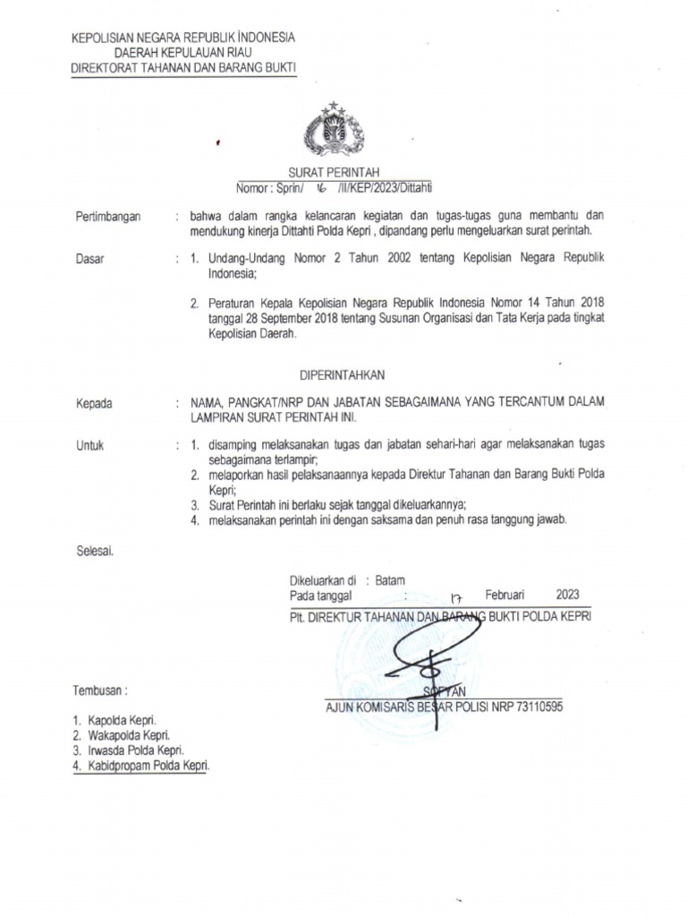 Sprin Pelaksanaan Tugas Dittahti Polda Kepri | PDF