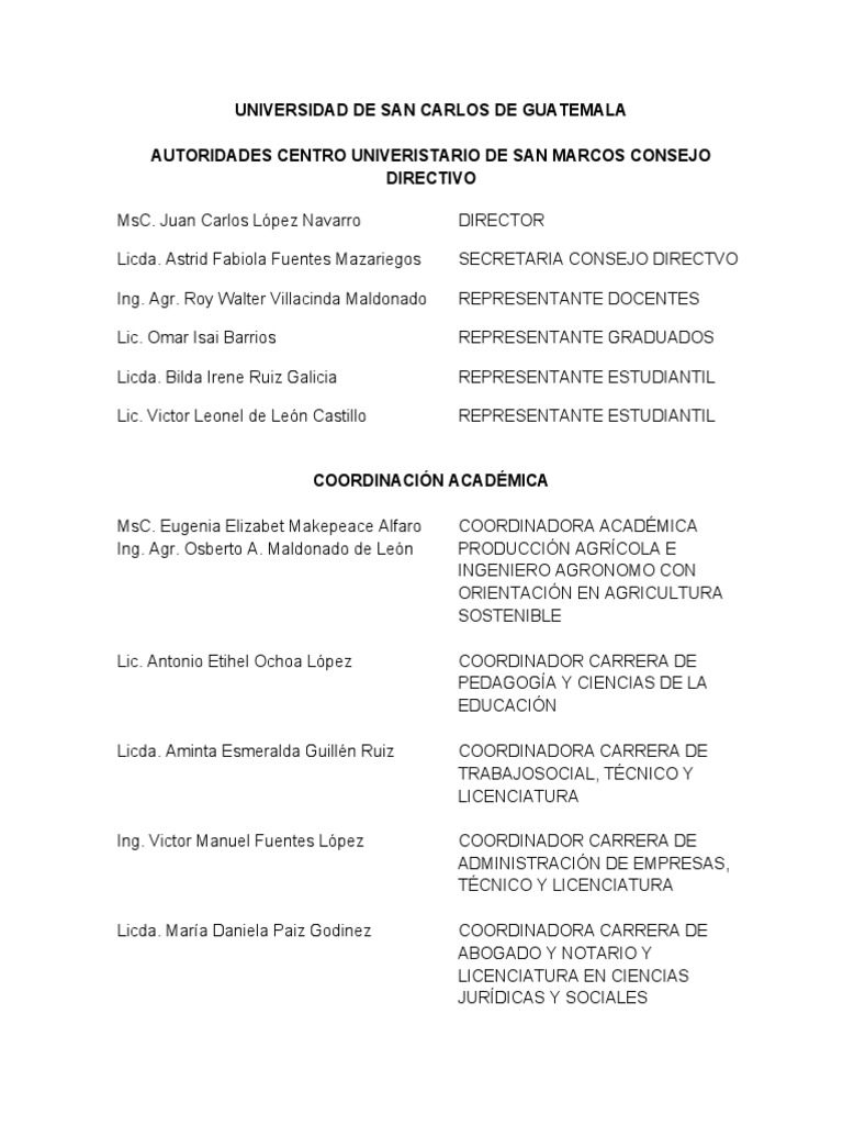 Autoridades y Coordinadores USAC San Marcos | PDF | Science