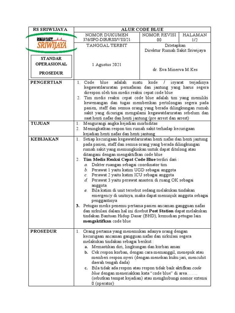 ALUR PENGERTIAN DAN PROSEDUR CODE BLUE DI RS SRIWIJAYA | PDF