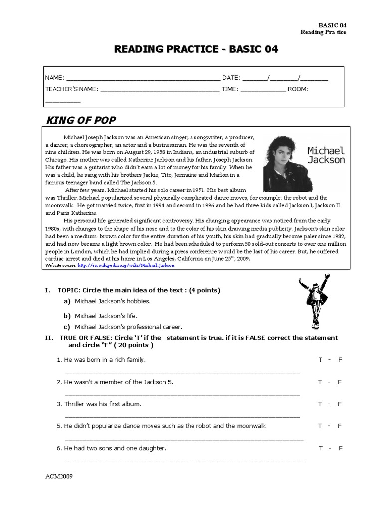 Michael Jackson Reading PDF