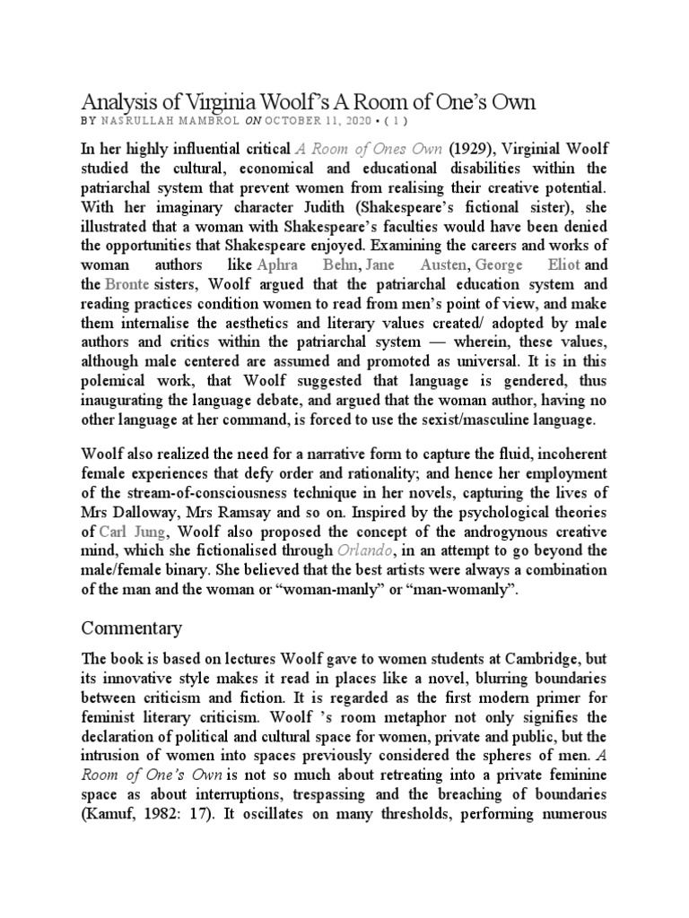 Analysis of virginia woolf s a room of one s own download free pdf