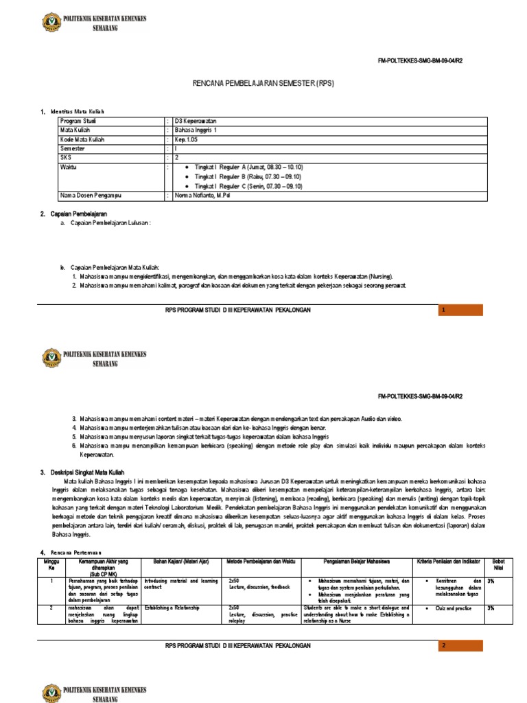 RPS Bahasa Inggris 1 D3 Keperawatan | PDF