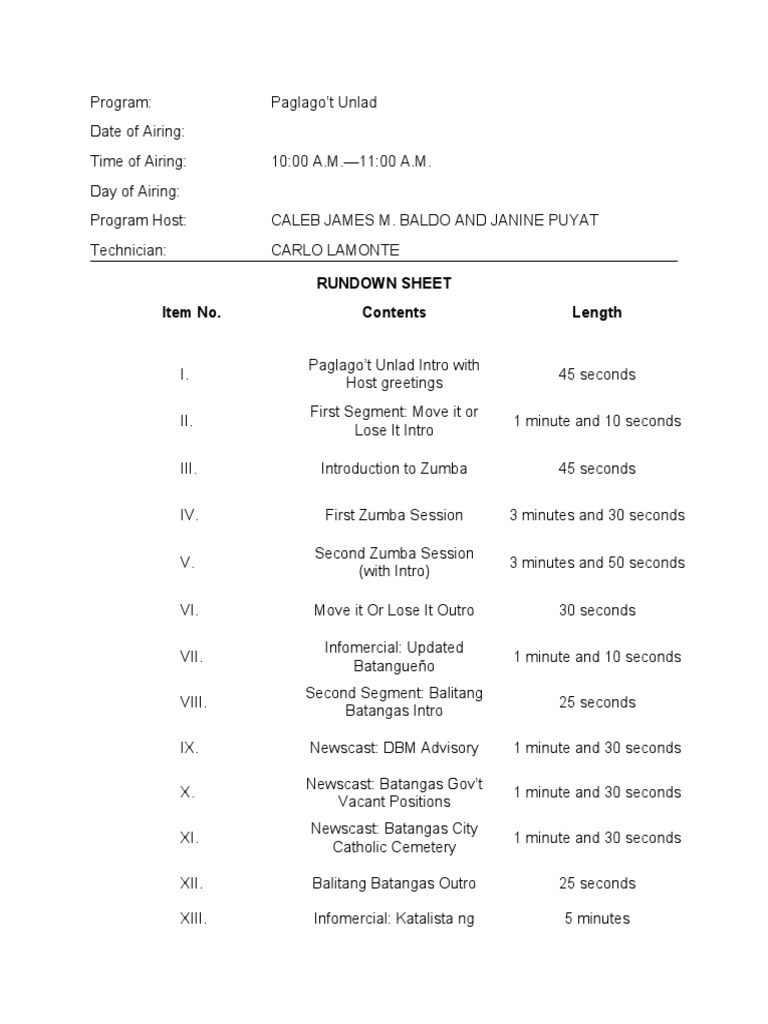 Paglago't Unlad Rundown Sheet PDF