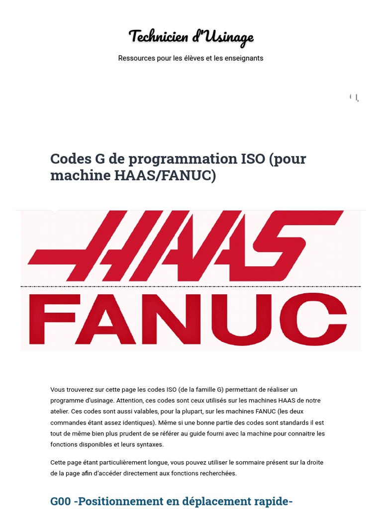 Code G Fanuc Haas | Formation CNC Module 6 : Code-G – RCBE