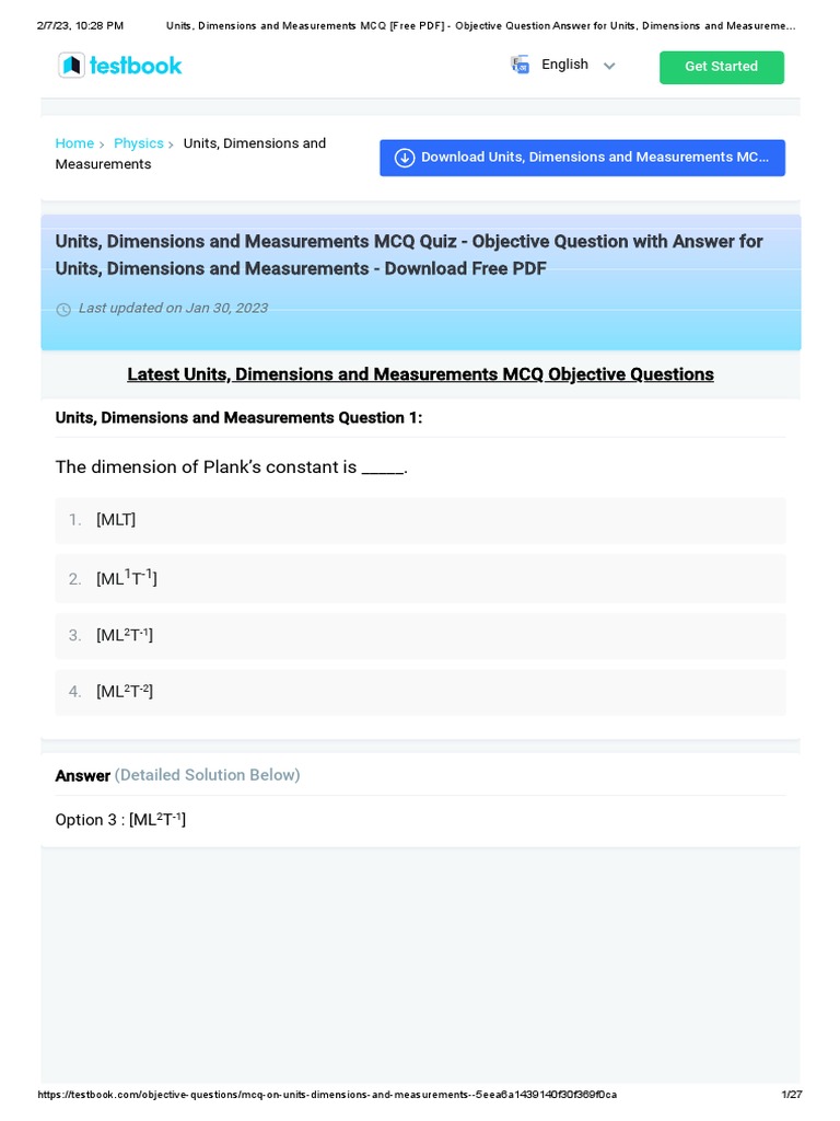 Units, Dimensions and Measurements MCQ (Free PDF) Objective Question