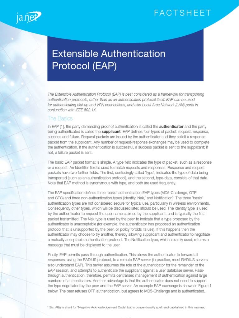 Extensible Authentication Protocol (EAP) : Factsheet | PDF | Transport ...