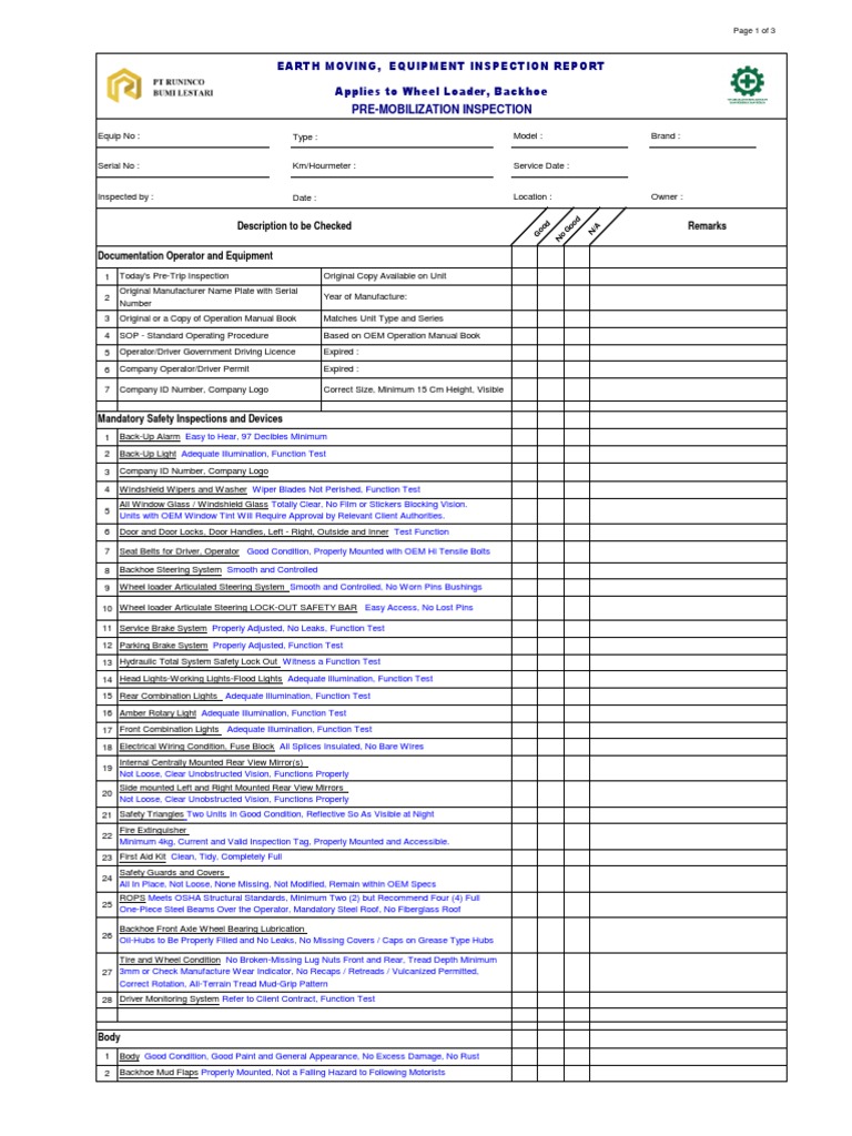 Pre-Mobilization Equipment Inspection Report | PDF