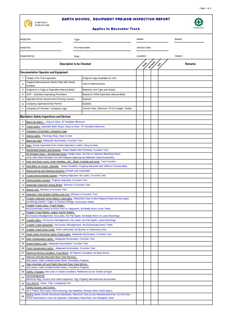 Excavator Pre-Mobilization Checklist | PDF | Leak | Mechanical Engineering