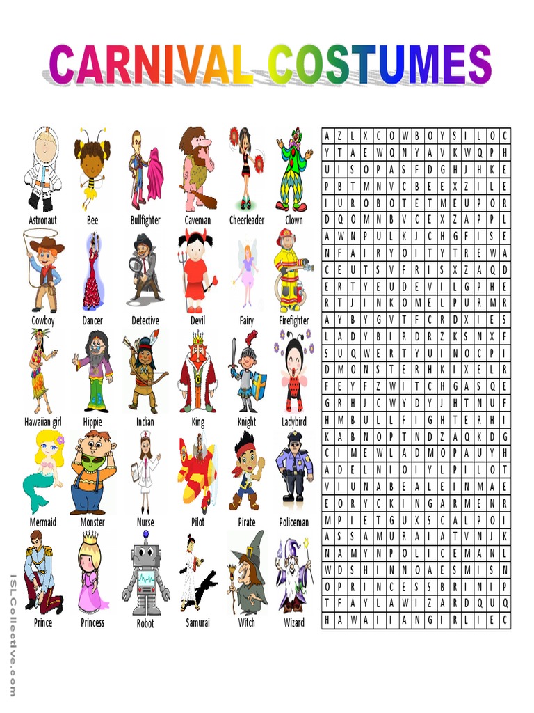 CARNIVAL COSTUMES Wordsearch Puzzle PDF