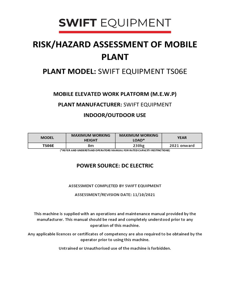 Swift TS06E Mobile Plant Risk Assessment | PDF | Personal Protective ...