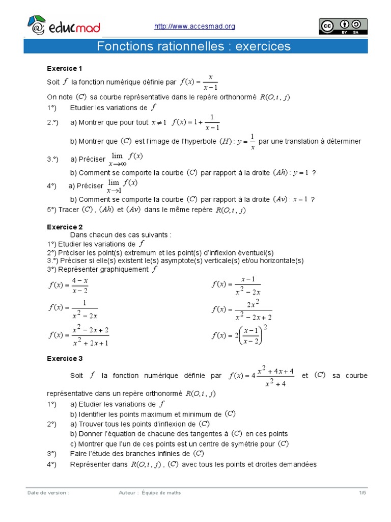 Exercices sur les fonctions rationnelles | PDF | Courbe | Tangente ...
