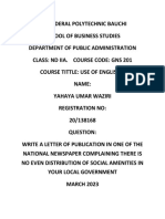 Federal Poly Bauchi Student Letter on Uneven Social Amenities