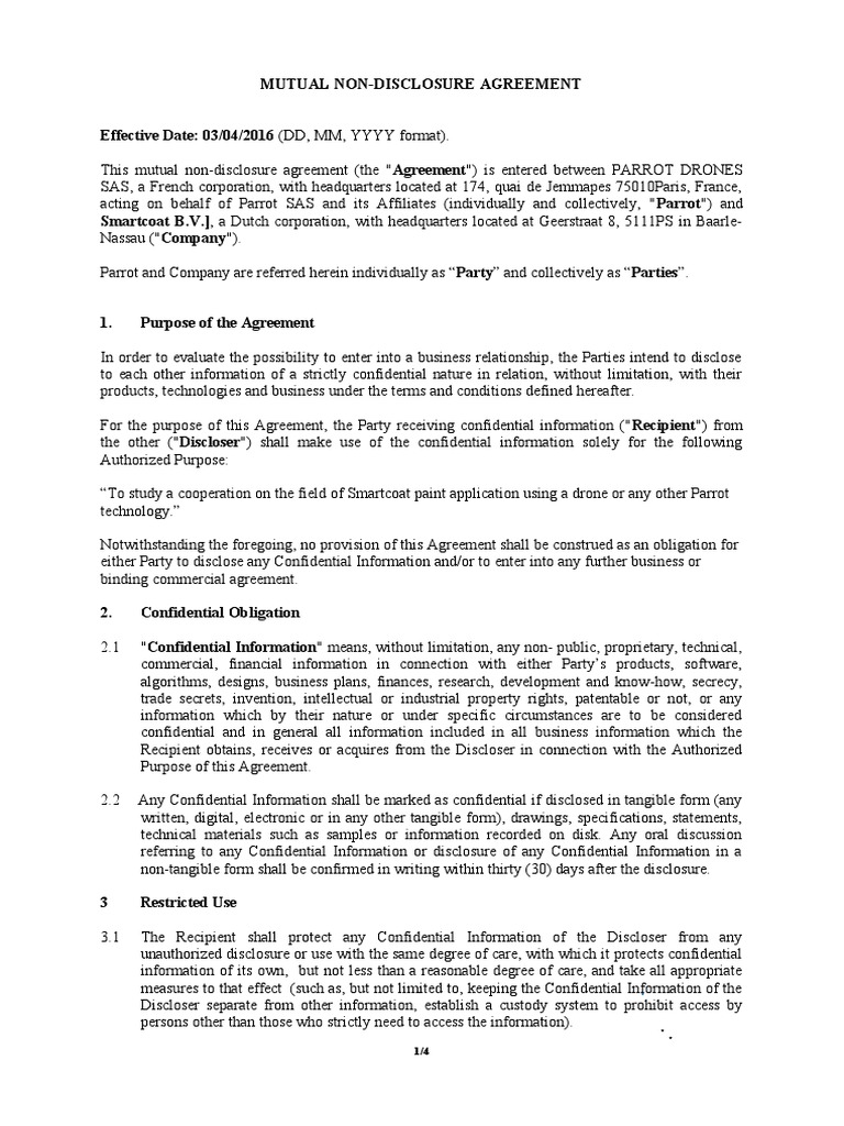 Parrot SAS Mutual NDA 2016 | PDF | Injunction | Confidentiality