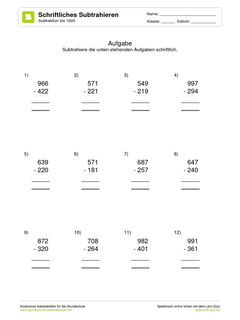 Schriftliche Subtraktion Zahlenraum Bis 1000 2 Summanden Arbeitsblatt