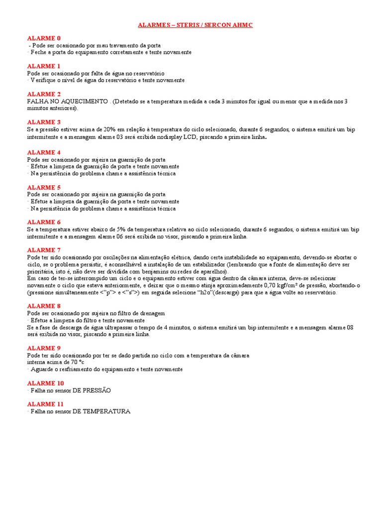 Alarmes da Autoclave Sercon AHMC | PDF | Temperatura | Ciências Físicas