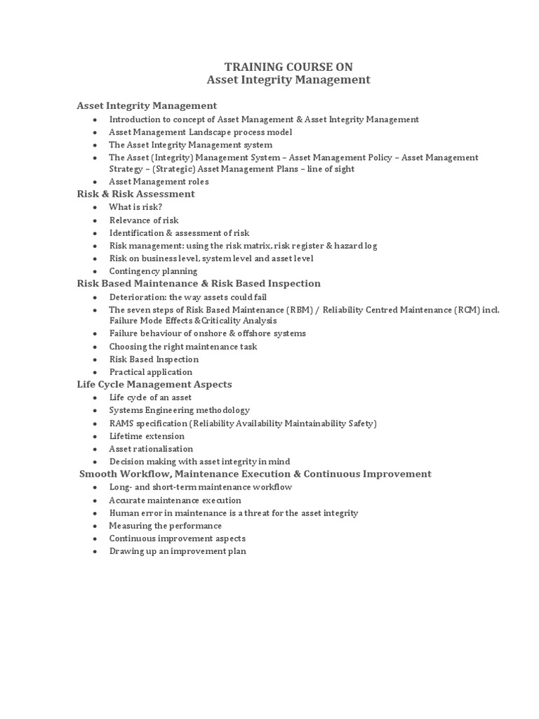 Asset Integrity Management Training Course | PDF | Technology & Engineering