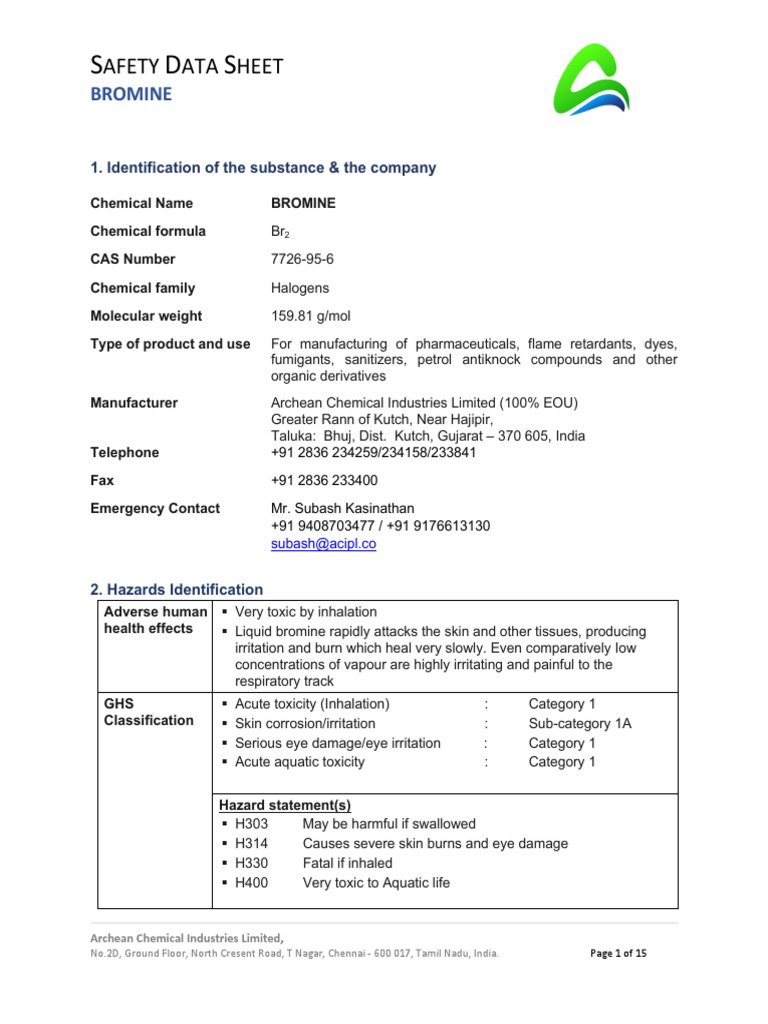 ACIPL Bromine PDF Dangerous Goods Toxicity