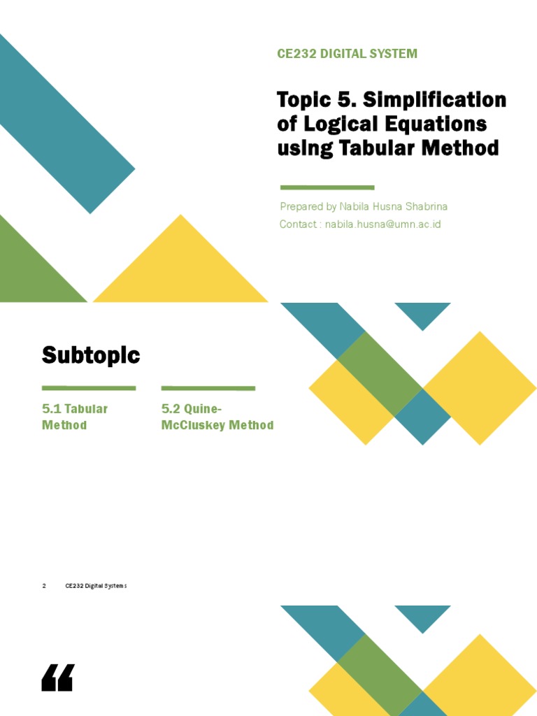 Topic 5 simplification of logical equations using tabular method pdf