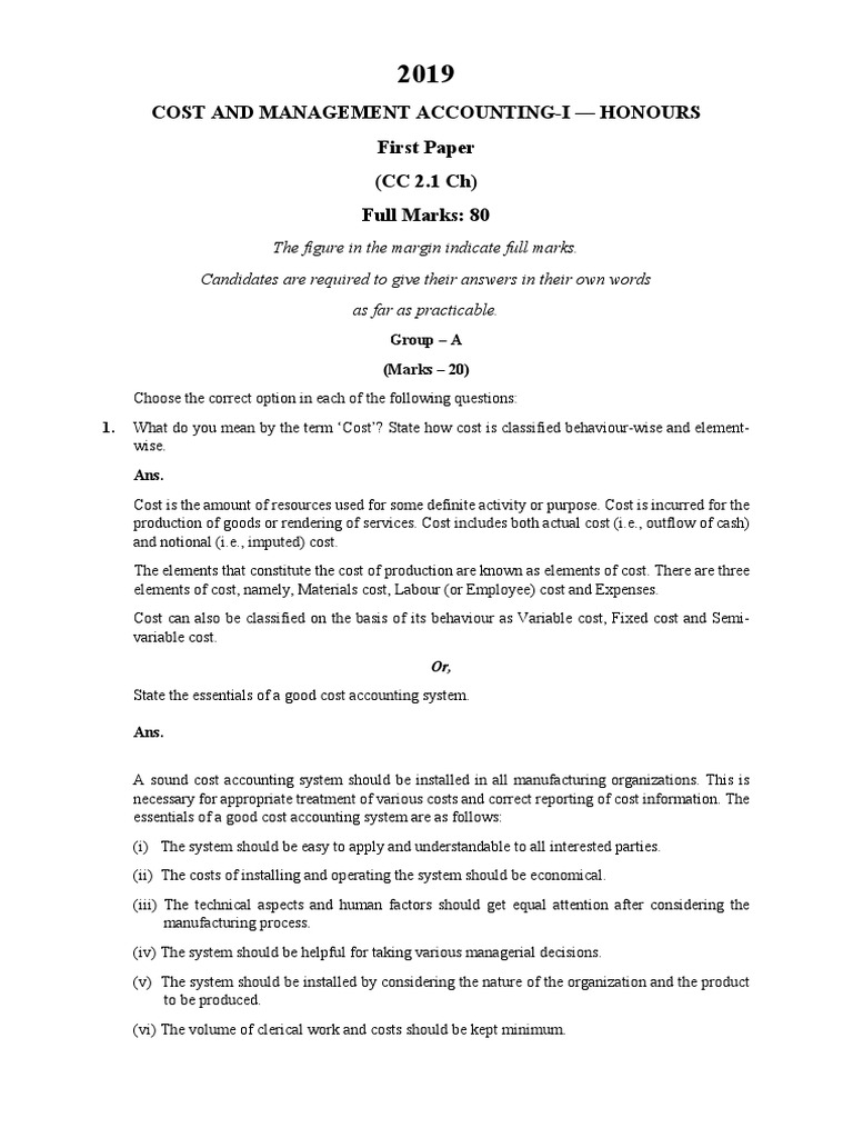 Cost and Management AccountingI Honours First Paper (CC 2.1 CH) Full