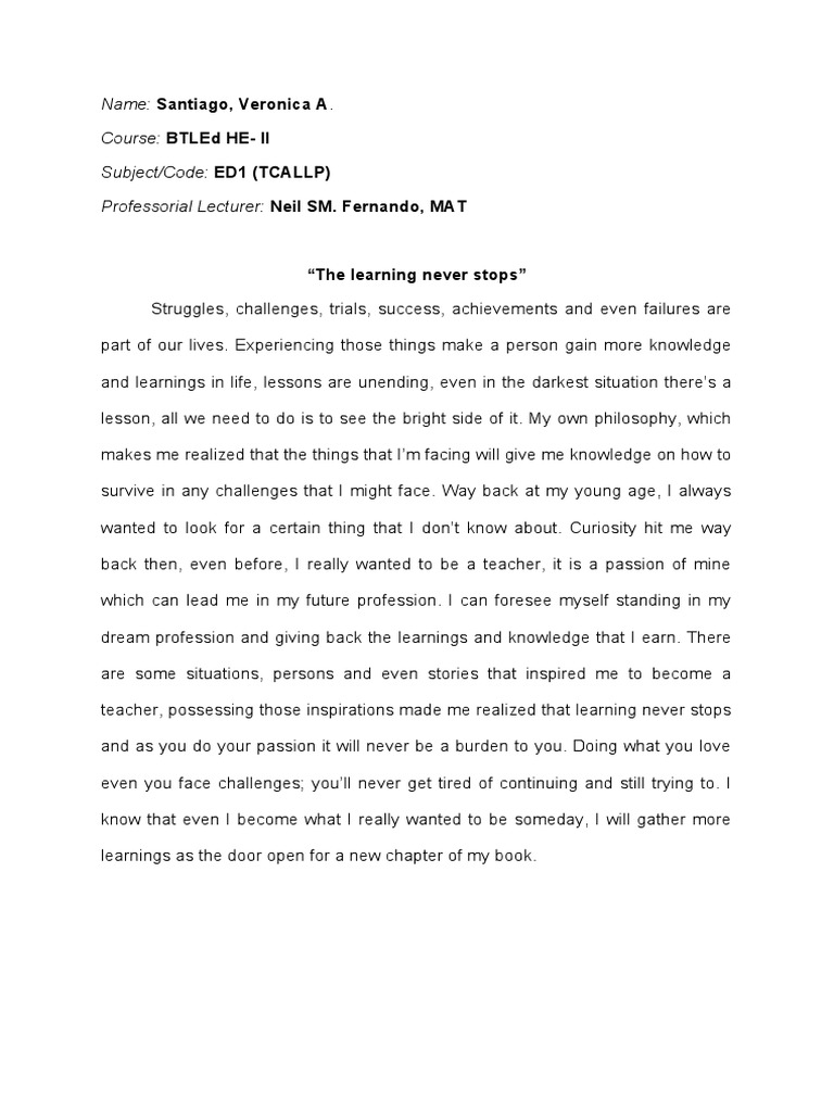Name santiago veronica a course btled he ii subject code ed1