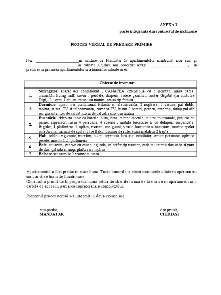 Proces Verbal de Predare Primire Apartament | PDF